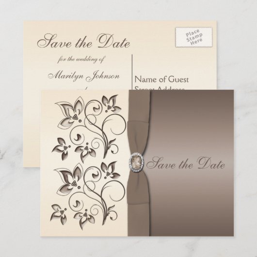 Mocha en Ivoor Floral Save the Date Briefkaart (Voorkant / Achterkant)