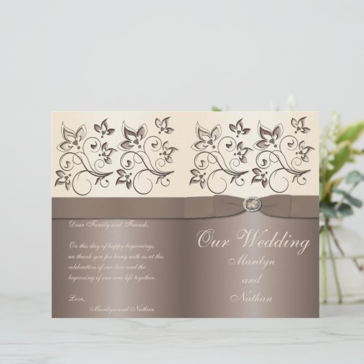 Mocha en Ivory Floral Wedding Programme (Staand voorkant)