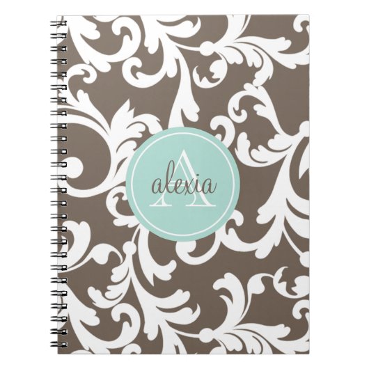 Mocha en Mint Monogrammed Damask Print Notitieboek (Voorkant)