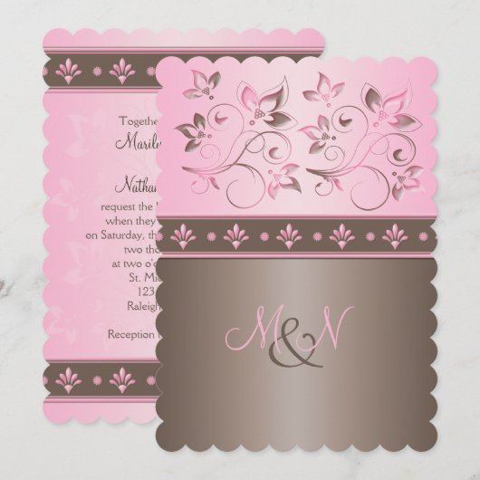 Mocha en Pink Floral Monogrammed Invitation Kaart (Voorkant / Achterkant)