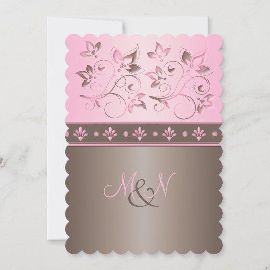 Mocha en Pink Floral Monogrammed Invitation Kaart (Voorkant)