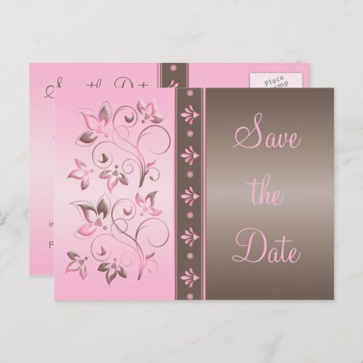 Mocha en Roze Bloemen Save the Date Briefkaart (Voorkant / Achterkant)