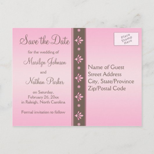 Mocha en Roze Bloemen Save the Date Briefkaart (Achterkant)