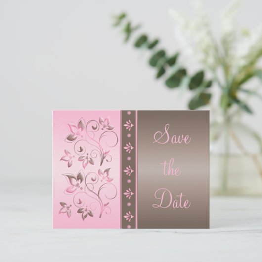 Mocha en Roze Bloemen Save the Date Briefkaart (Staand voorkant)