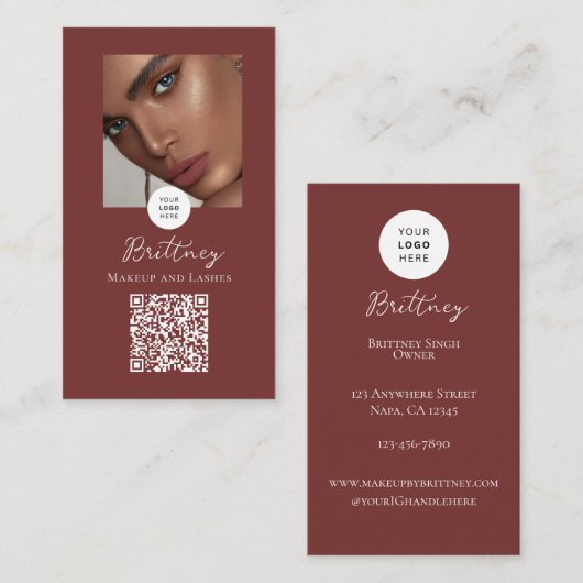 Mocha En Witte Script Logo QR Code Foto Make-up Visitekaartje (Voorkant / Achterkant)