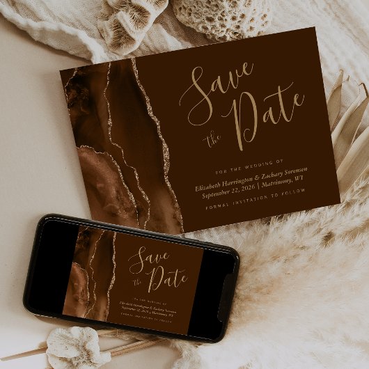 Mocha Gold Agate Brown Save the Date Card Kaart