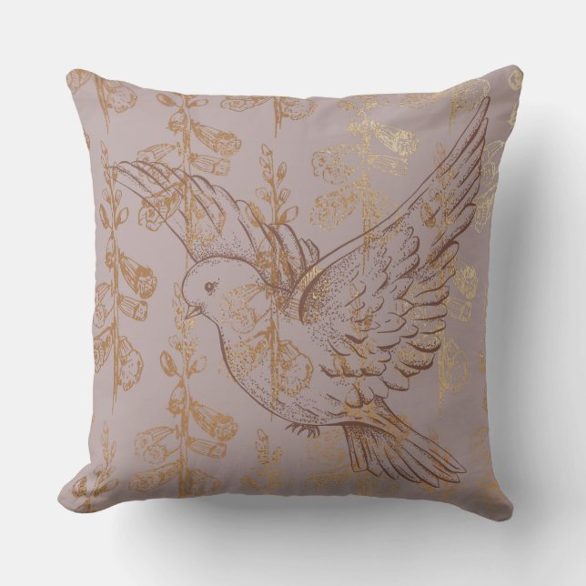 Mocha Gold Elegant Duif Bloemen Kussen (Voorkant)