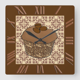 Mocha/Koffee Frosted Cupcake, Lace Background Vierkante Klok