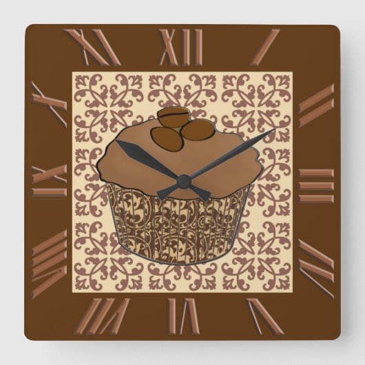Mocha/Koffee Frosted Cupcake, Lace Background Vierkante Klok (Voorkant)