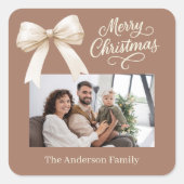 Mocha koffiecrème boog foto script kerst vierkante sticker (Voorkant)