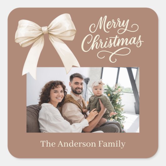 Mocha koffiecrème boog foto script kerst vierkante sticker (Voorkant)