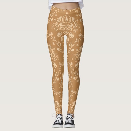 Mocha Latte Brown Damask Leggings (Voorkant)