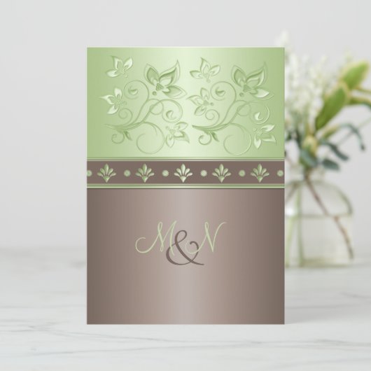Mocha, Mint Floral Monogram Wedding Uitnodiging (Staand voorkant)