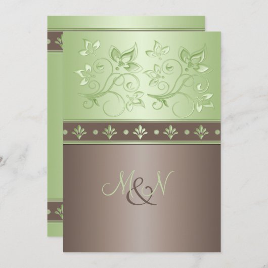 Mocha, Mint Floral Monogram Wedding Uitnodiging (Voorkant / Achterkant)