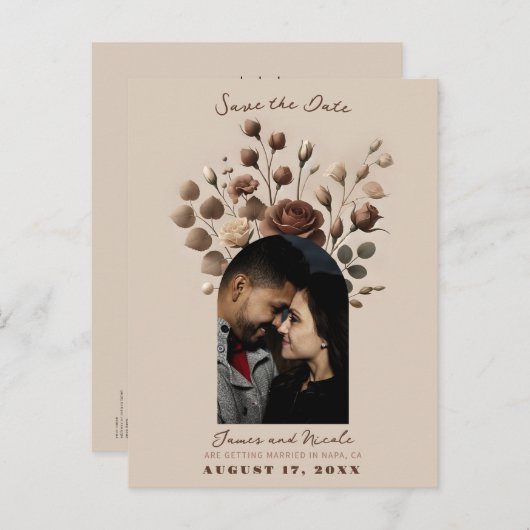 Mocha Mousse Beige Brown Floral Bewaar de datum Aankondigingskaart (Voorkant / Achterkant)