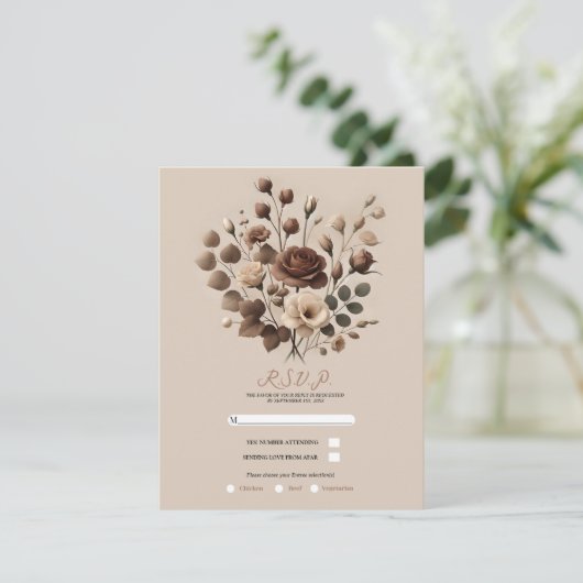 Mocha Mousse Beige Bruin Bloemen Huwelijk RSVP Kaart (Staand voorkant)