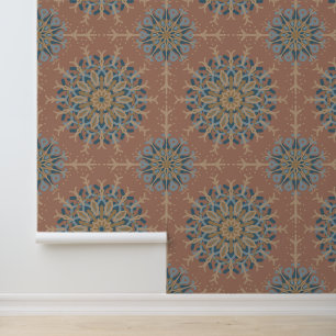 Mocha Mousse Blauwgroen Mandala Retro MidCentury Behang