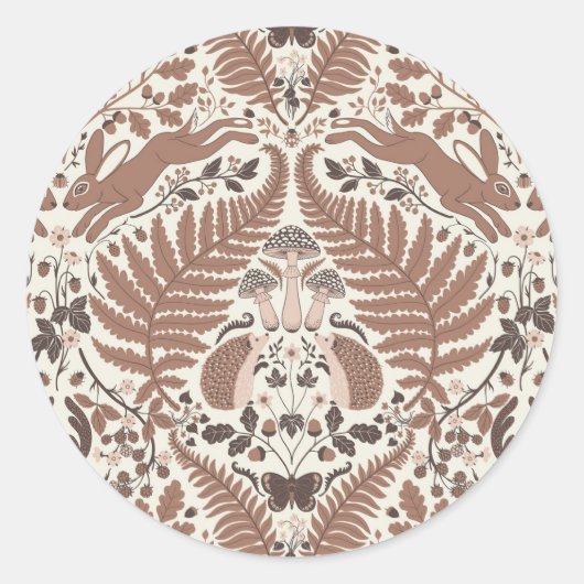 Mocha mousse bos-/bosdieren en planten ronde sticker (Voorkant)