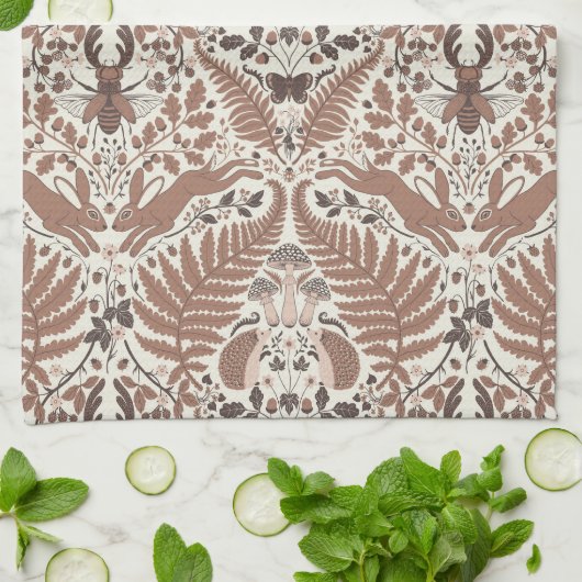 Mocha mousse bos-/bosdieren en planten theedoek (Gevouwen)