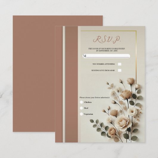 Mocha Mousse & Bot Wit Neutraal Bloem RSVP Kaart (Voorkant / Achterkant)