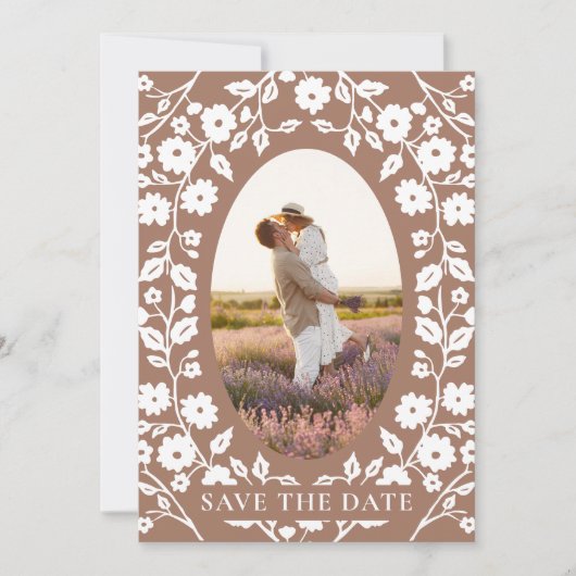 Mocha Mousse Foto QR Code Website Folk Floral Save The Date (Voorkant)