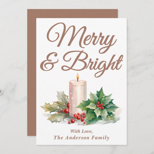 Mocha Mousse Handgeschreven Script Merry & Bright Feestdagenkaart (Voorkant / Achterkant)