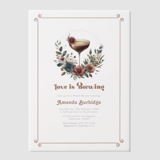 Mocha Mousse "Love is Brewing" Vrijgezellenfeest F Vellum Uitnodigingen (Voorkant)