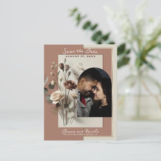 Mocha Mousse Moderne Botanische Bloemen Bewaar de Aankondigingskaart (Staand voorkant)