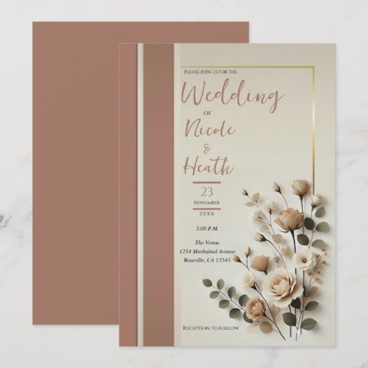 Mocha Mousse Neutral Floral Wedding Kaart (Voorkant / Achterkant)