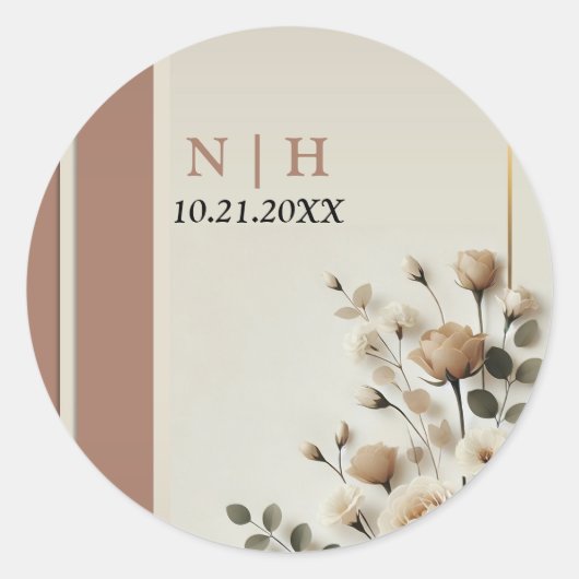 Mocha Mousse Neutrale Bloemige Bruiloft Ronde Sticker (Voorkant)