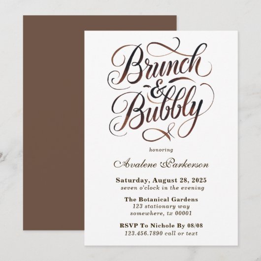 Mocha Mousse Paint Kalligrafie Brunch & Bubbly Kaart (Voorkant / Achterkant)