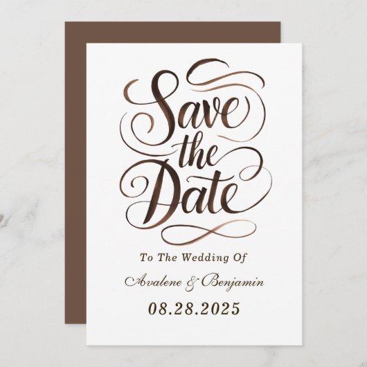 Mocha Mousse Paint Kalligrafie Save the Date Cards Kaart (Voorkant / Achterkant)