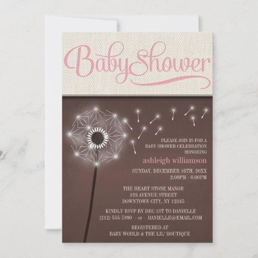 Mocha Rustic Linen Girl Paardenbloem Baby shower Kaart (Voorkant)