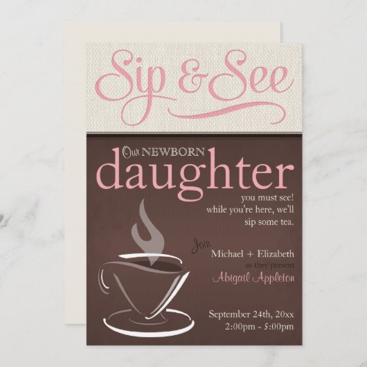 Mocha Rustic New Baby Sip & See Party Invitations Kaart (Voorkant / Achterkant)
