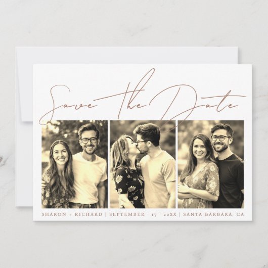 Mocha script kalligrafie 3 sepia fotocollage save the date (Voorkant)
