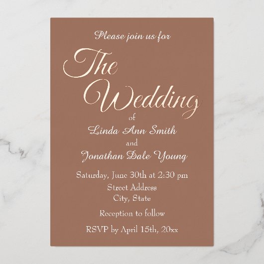 Mocha Simple Style Script Wedding Folie Uitnodiging (Voorkant)