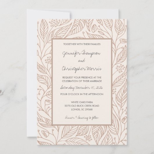 Mocha Whimsy Hand Getrokken Foliage Wedding Kaart (Voorkant)