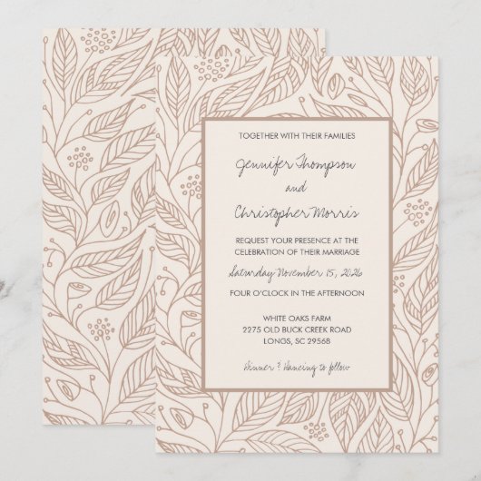Mocha Whimsy Hand Getrokken Foliage Wedding Kaart (Voorkant / Achterkant)