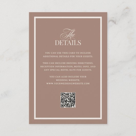 Mocha with Border | QR Code Wedding Guest Details Informatiekaartje (Voorkant)