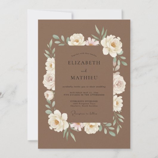 Mocha Witte Ranunculus Eucalyptus Bruiloft Kaart (Voorkant)