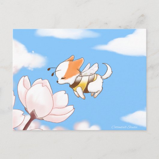 Mochi Bee Schattige Puppy Ruiken De Bloemen Sakura Briefkaart (Voorkant)
