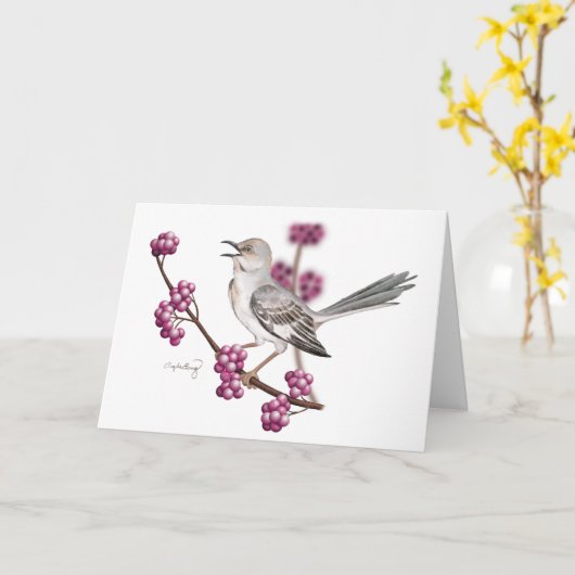 Mockingbird zingt op een tak met Berries Kaart (Gele Bloem)