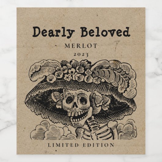 Mockup Dearly Beloved Skeleton, Custom Wine Labels Wijn Etiket (Enkel label)