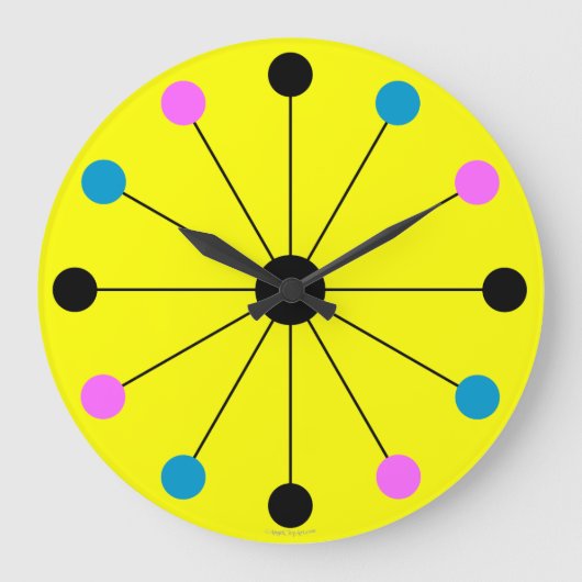 Mod 1960s Retro Wall Clock op Geel Grote Klok (Voorkant)