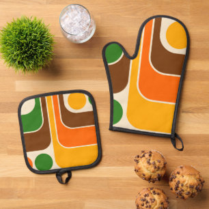 Mod 1970s Retro Style Geometrisch ontwerp Ovenwant & Pannenlap Set