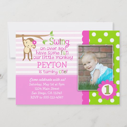 Mod aap uitnodiging voor de geboorte van meisjes r (Voorkant)