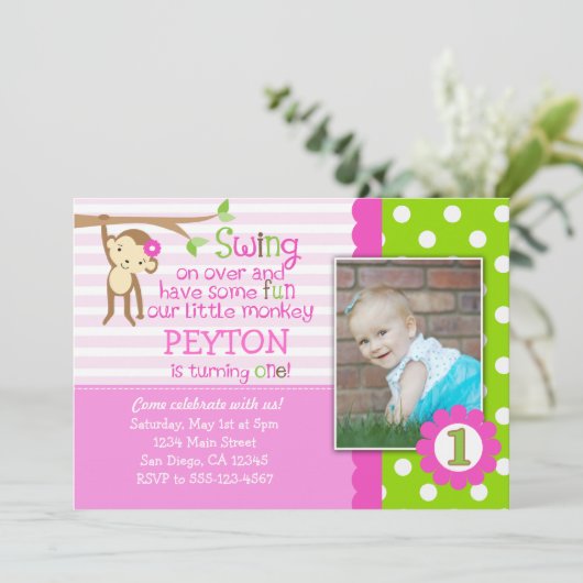 Mod aap uitnodiging voor de geboorte van meisjes r (Staand voorkant)