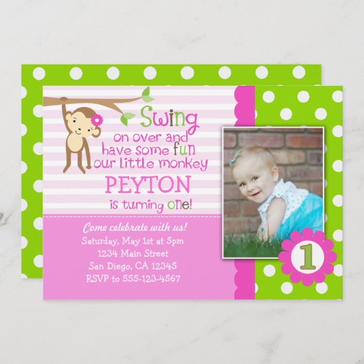 Mod aap uitnodiging voor de geboorte van meisjes r (Voorkant / Achterkant)