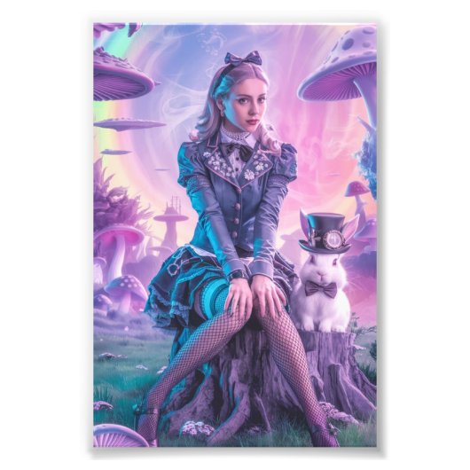 Mod Alice in Wonderland met wit konijn Foto Afdruk (Voorkant)