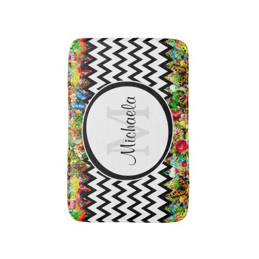 Mod Black Chevron  Floral Monogram en naam Badmat (Voorkant Verticaal)